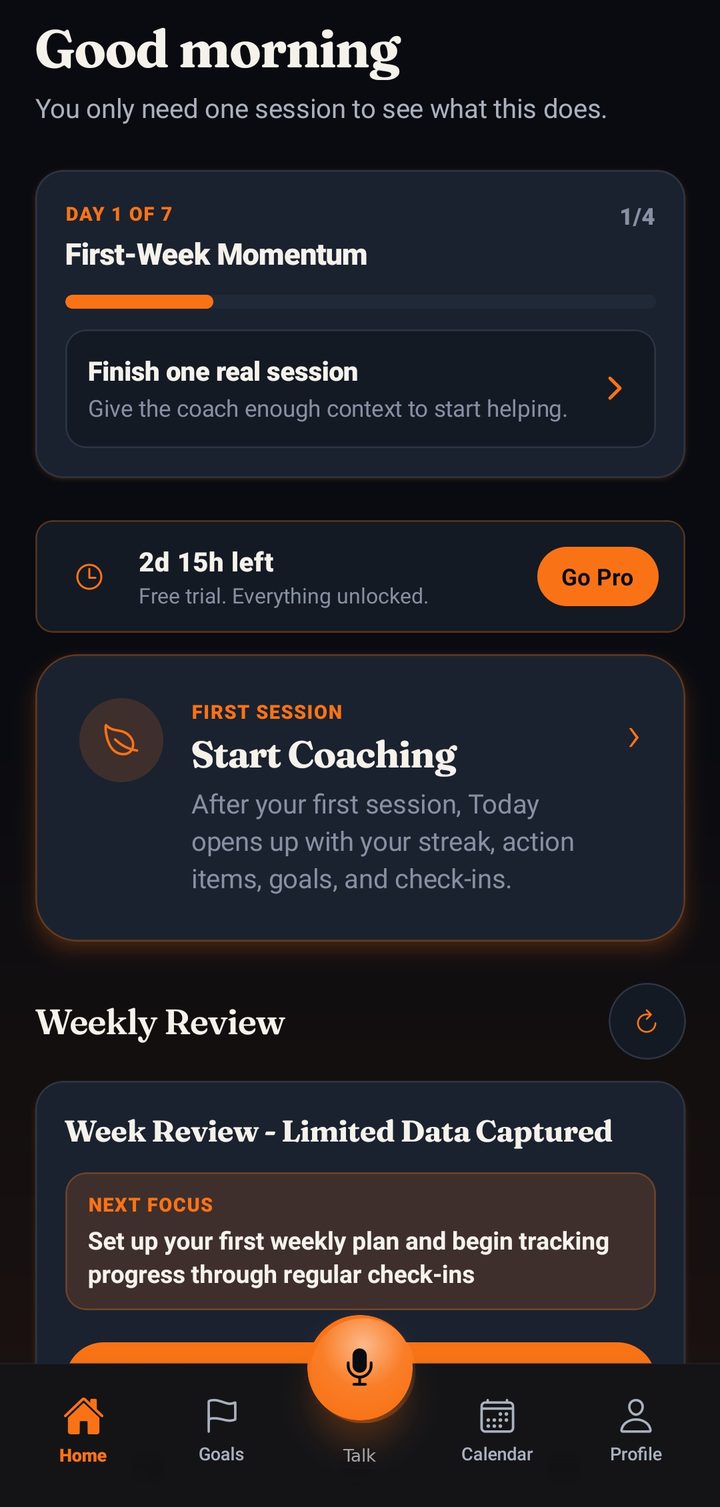MeCoach home screen: Good morning greeting, day one of First-Week Momentum, a free trial with everything unlocked, and a Start Coaching card for your first session
