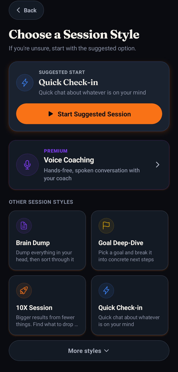 MeCoach session styles: Quick Check-in, Voice Coaching, Brain Dump, Goal Deep-Dive, and 10X Session